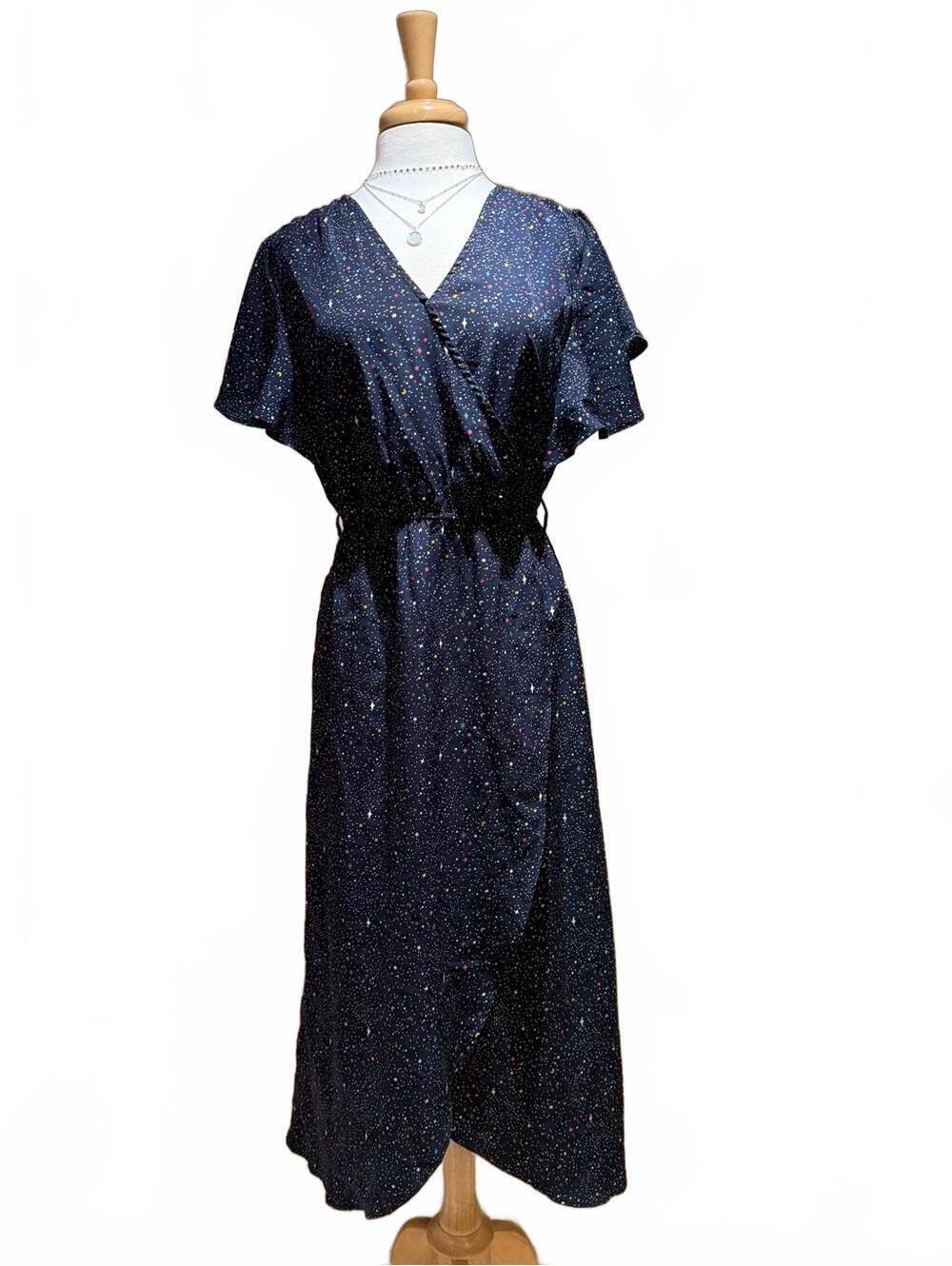Navy Midi Wrap Dress with Multi-Color galaxy stars